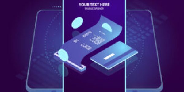 Isometric icon of electron payment, pay receipt with credit card, online bank security, blockchain and cryptocurrency, mobile application vector